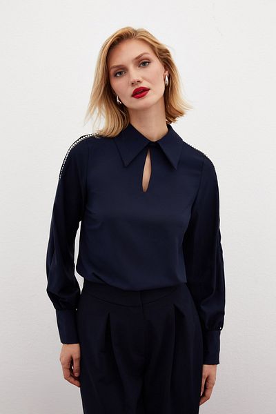 Sateen Pearl Detailed Sleeves - Navy Blue Blouse