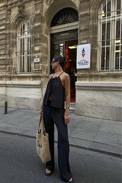 Eka Set bluză și pantaloni pentru femei negre - cu bretele și cu șireturi 1006-5112