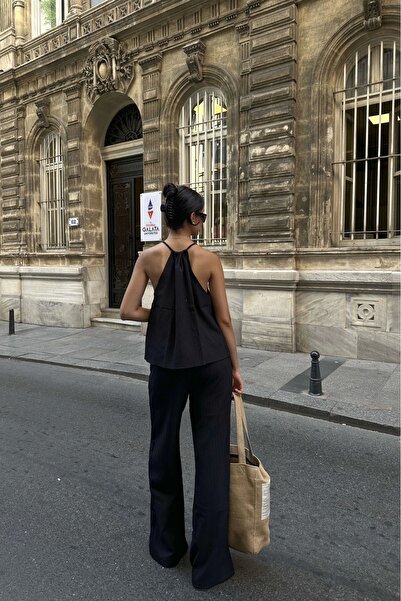 Eka Set bluză și pantaloni pentru femei negre - cu bretele și cu șireturi 1006-5112