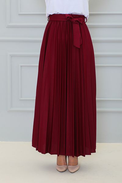 Moda Ebva Fusta lungă roșie Claret - cu curea și plisată, model 3033