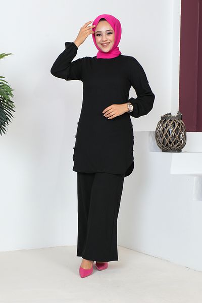 Moda Ebva Button Detailed Wrapped Fabric Hijab Set-3153 Black