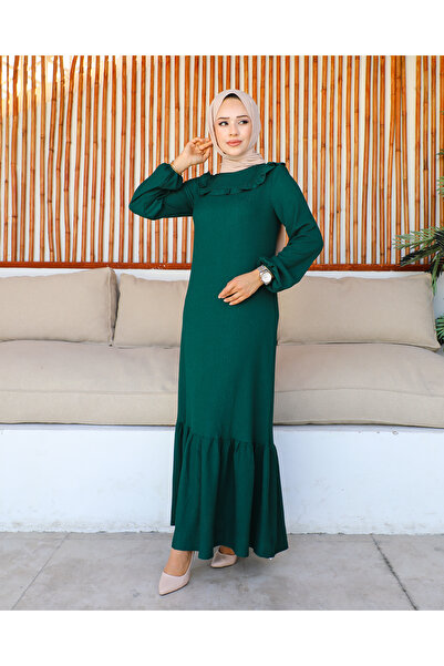 Moda Ebva Kolu Lastikli Fırfır Detay Tesettür elbise-3161 Zümrütyeşili