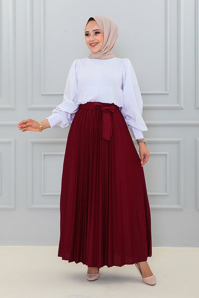 Moda Ebva Fusta lungă roșie Claret - cu curea și plisată, model 3033