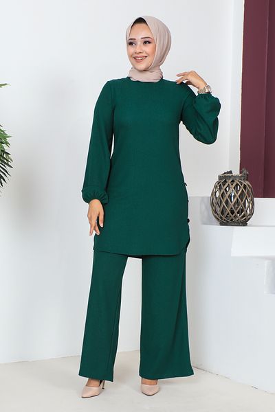Moda Ebva Button Detailed Wrapped Fabric Hijab Set-3153 Emerald Green
