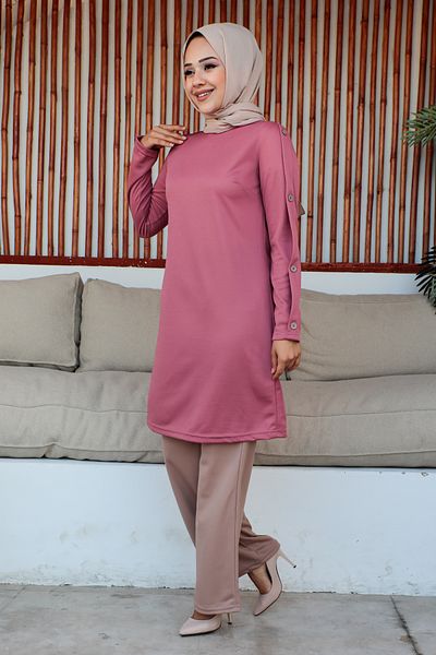 Moda Ebva Button Detailed Double Hijab Set-3150 Dried Rose