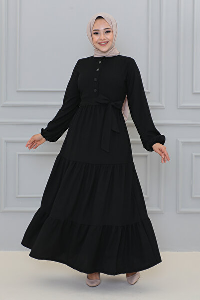 Moda Ebva Önden Düğmeli Tesettür Elbise-3136 Siyah