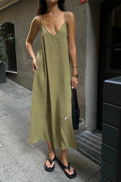 Eka Γυναικείο φόρεμα Oil Green V-Neck - 1009-1011