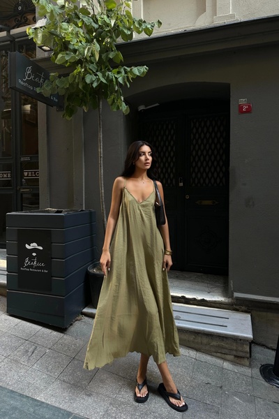 Eka Γυναικείο φόρεμα Oil Green V-Neck - 1009-1011