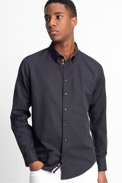 Tudors Navy Blue ανδρικό πουκάμισο Oxford - λεπτή εφαρμογή, μακρύ μανίκι, γιακάς με κουμπιά