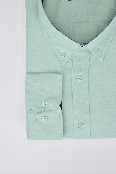 Tudors Erkek Büyük Beden Rahat Kesim Pamuklu Kolay Ütülenebilir Düğmeli Yaka Düz Mint Spor Gömlek