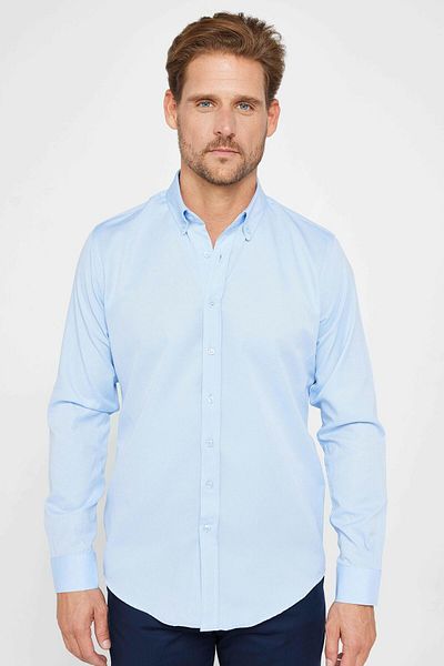 Tudors Cămașă pentru bărbați, slim fit, cu mânecă lungă, din bumbac, cu textura Oxford, ușor de călcat, cu nasturi albaștri