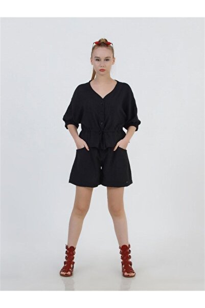 Zekids Cămașă neagră de in pentru fete cu talie adunată