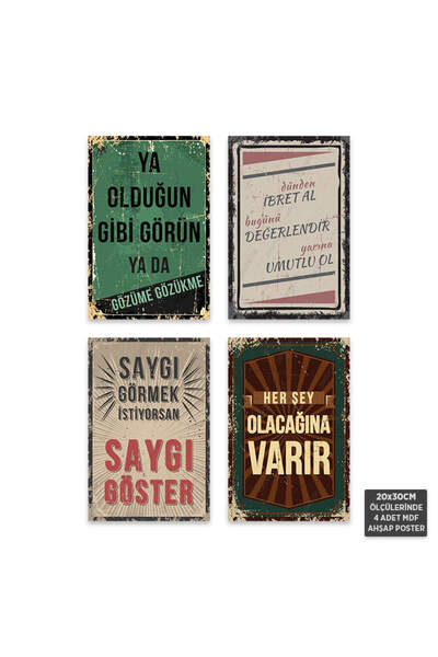Hayal Poster PS1005 - Türkçe Retro Mdf Ahşap Poster Set (4 Adet - 20x30cm)