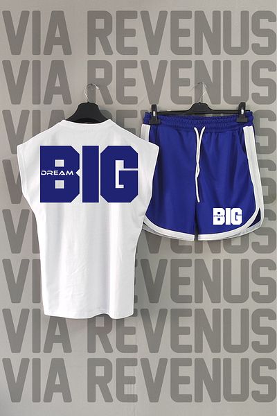 Vordevia Dream Big - Crew Neck White and Blue Sports T-shirt and Shorts Set, Back Print, Zero Sleeve