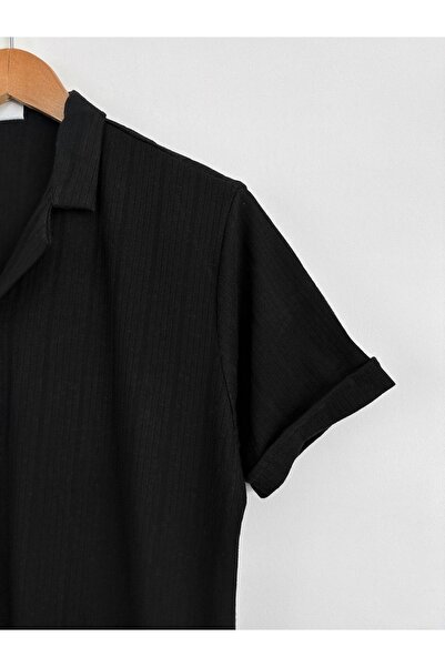 HAWKKİNG Ανδρικό καλοκαιρινό κοντομάνικο πουκάμισο με μαύρο βαμβακερό σχέδιο