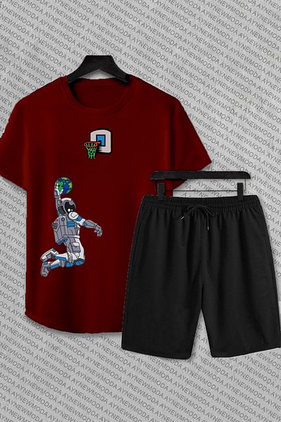 aynewmoda Space Man I Printed Basketballer Bottom-Top Set - Set de pantaloni scurți și tricou oversize 100% bumbac