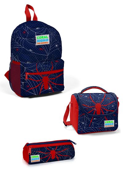 Coral High Rucsac Tiny Nest cu model de păianjen - Set de 3 albastru și roșu 3set23520