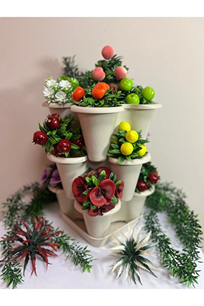 Baby Turco 3 Katlı Yonca Kule Saksı Seti | Çiçek Bitki Sebze Meyve Salon Mutfak Banyo Bahçe Saksı Seti Bej