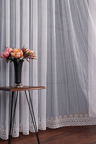 elision home Striped Skirt Damaks Pattern Tulle Curtain 300x260 cm (1/2,5) Normal Pleat Elıon00741