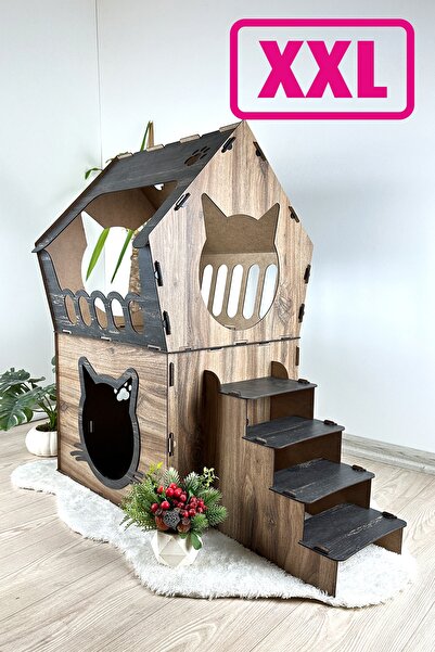 Onix Home AHŞAP MDF XXL MODEL DEKORATİF AHŞAP BÜYÜK TERASLI KEDİ EVİ 5KG VE Ü...