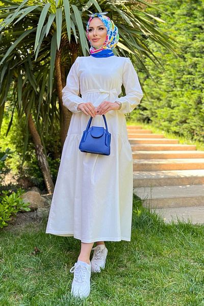 TOFİSA Ecrufarbenes Damenkleid – schlichter Rundhalsausschnitt – 11599