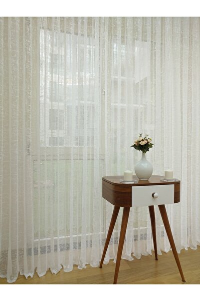 elision home Linen Look Special Knitted Textured Tulle Curtain, 200x250, Sparse Pleat, 1/2