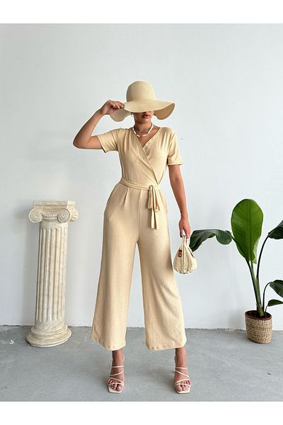 BEJNA Beiger Zweireiher-Jumpsuit für Damen mit Kragen