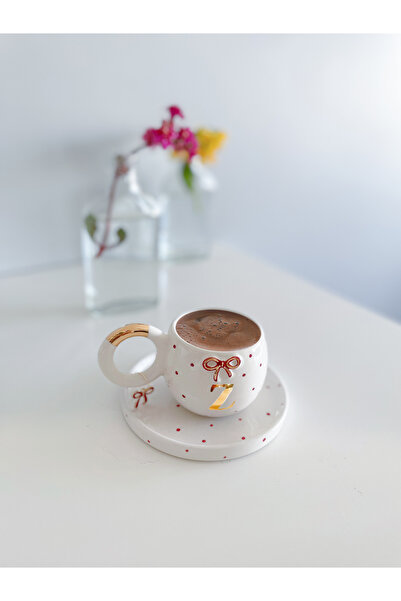 Mugtasarım 24 K Gold - Gilded Red Bow Double Turkish Coffee Cup - Letter Z