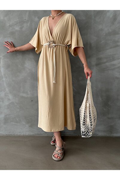 BEJNA Γυναικείο καλοκαιρινό φόρεμα σε μπεζ ζώνη
