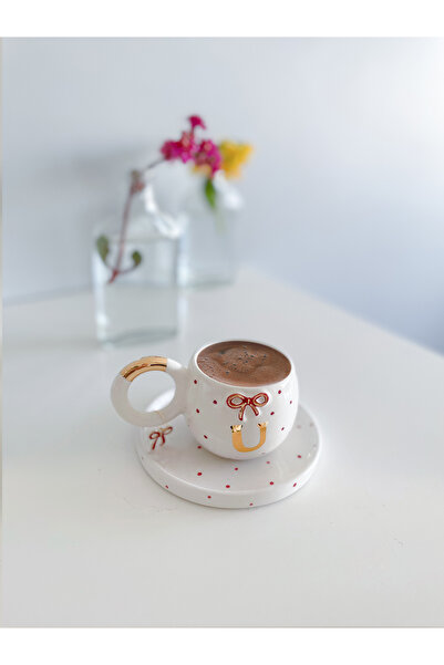 Mugtasarım 24 K Gold - Gilded Red Bow Double Turkish Coffee Cup - Letter U