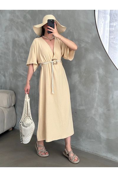 BEJNA Beiges Sommerkleid mit Gürtel für Damen