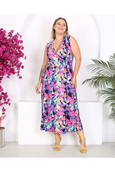 Butik Nilyam Plus Size Double Breasted Collar and Watercolor Print Maxi Sleeveless Dress - 24134