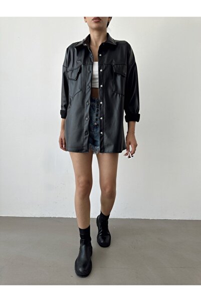 BEJNA Women's Black Pocket Faux Leather Jacket Shirt