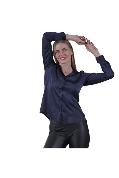 Exve Exclusive Navy Blue Lightly Flowing Back Gusseted Satin Woven Women's Shirt