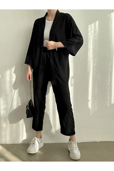 BEJNA Schwarzes Kimono-Hosen-Strickset für Damen