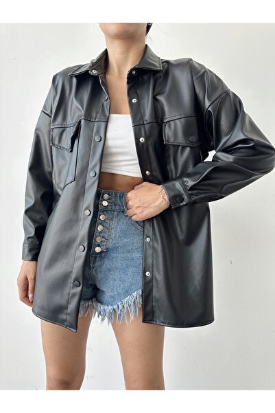 BEJNA Women's Black Pocket Faux Leather Jacket Shirt