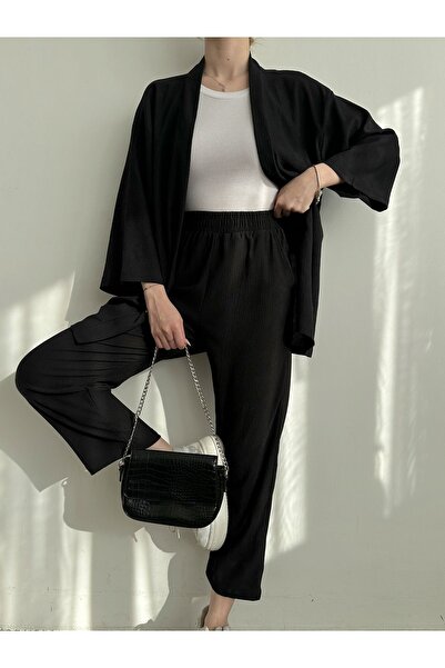 BEJNA Schwarzes Kimono-Hosen-Strickset für Damen