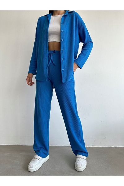BEJNA Women's Blue Twist Textured Bottom Top Shirt Set