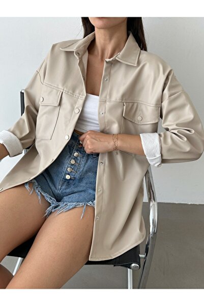 BEJNA Dámská košile Ecru Pocket Faux Leather Jacket