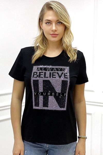 RICH GLAM Lettering Crystal Stone Plus Size Crew Neck Short Sleeve Cotton Comfortable Stylish Black Women's T-Shirt T-Shirt