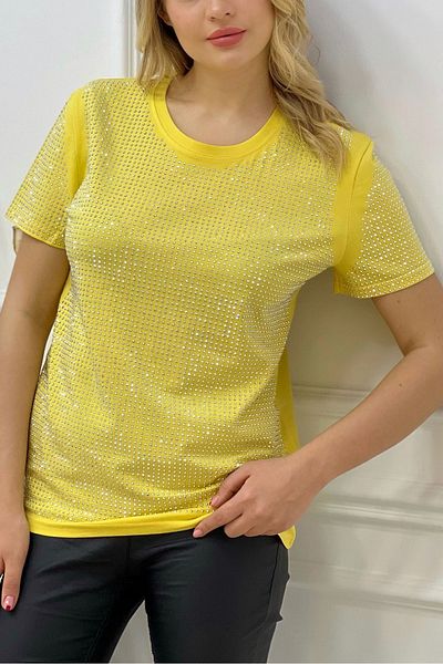 RICH GLAM All Crystal Jewelled Plus Size Crew Neck Cotton Stylish Women's T-Shirt