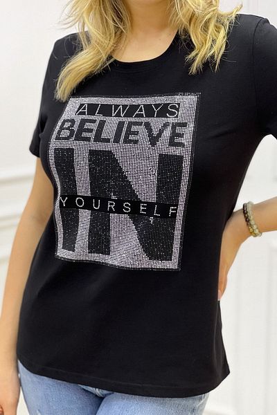 RICH GLAM Lettering Crystal Stone Plus Size Crew Neck Short Sleeve Cotton Comfortable Stylish Black Women's T-Shirt T-Shirt