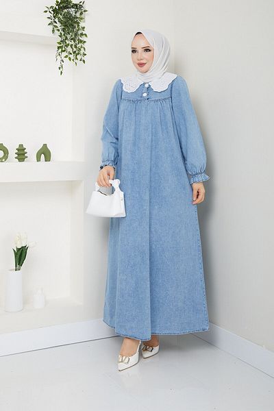 Pamuk Butik Γυναικείο φόρεμα με γιακά μωρού Gipeli Hijab τζιν