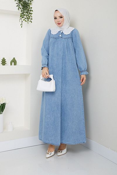 Pamuk Butik Γυναικείο φόρεμα με γιακά μωρού Gipeli Hijab τζιν
