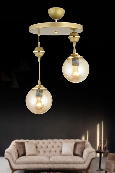 SONSUZ AYDINLATMA&AVİZE Pendant Lamp Tray Antiqued 2-Piece Honey Ball Glass Downward Facing Luxury Chandelier