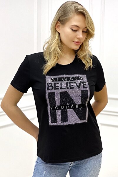 RICH GLAM Lettering Crystal Stone Plus Size Crew Neck Short Sleeve Cotton Comfortable Stylish Black Women's T-Shirt T-Shirt