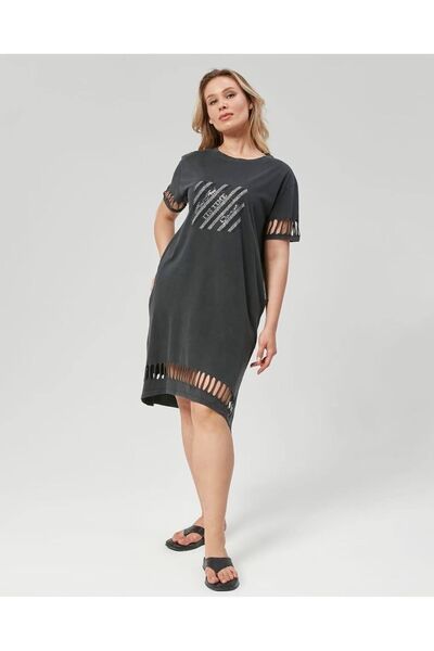 MojerHermosa Stone Detailed Sleeve Ripped Plus Size Summer Dress