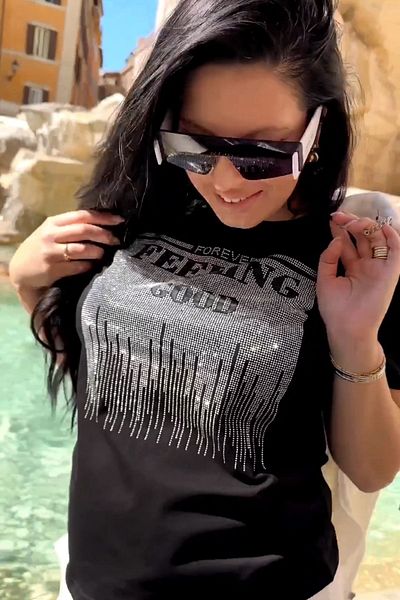 RICH GLAM Crystal Stone Plus Size Crew Neck Short Sleeve Cotton Stylish Women's T-Shirt T-Shirt