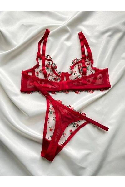 ARONA Barbie Red Floral Embroidered Milk Bralet Set