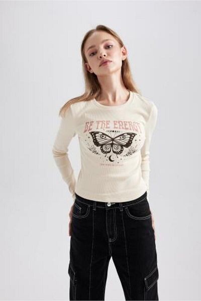 DeFacto Crew Neck Printed Ribbed Camisole T-Shirt - Long Sleeve B4405ax23au